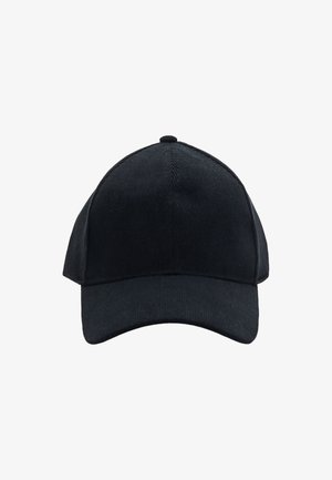 Casquette de baseball noire avec une forme structurée, fabriquée en tissu texturé, dotée d'un bord incurvé et de détails de couture le long de la couronne.