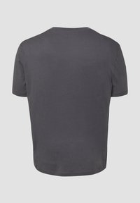 Szara bawełniana koszulka z okrągłym dekoltem i krótkimi rękawami, z prostym wzorem i prostym dołem.