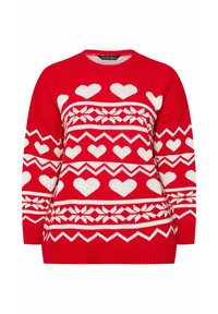 Czerwony sweter z dzianiny z białym wzorem serca i płatków śniegu, o okrągłym dekolcie oraz ściągaczach przy rękawach i u dołu.