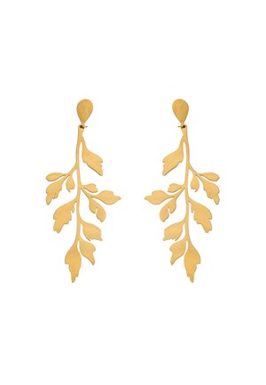 Kolczyki z metalu w kolorze złotym z zawieszkami w kształcie liści, zawieszonymi na zatyczkach w kształcie kropli.