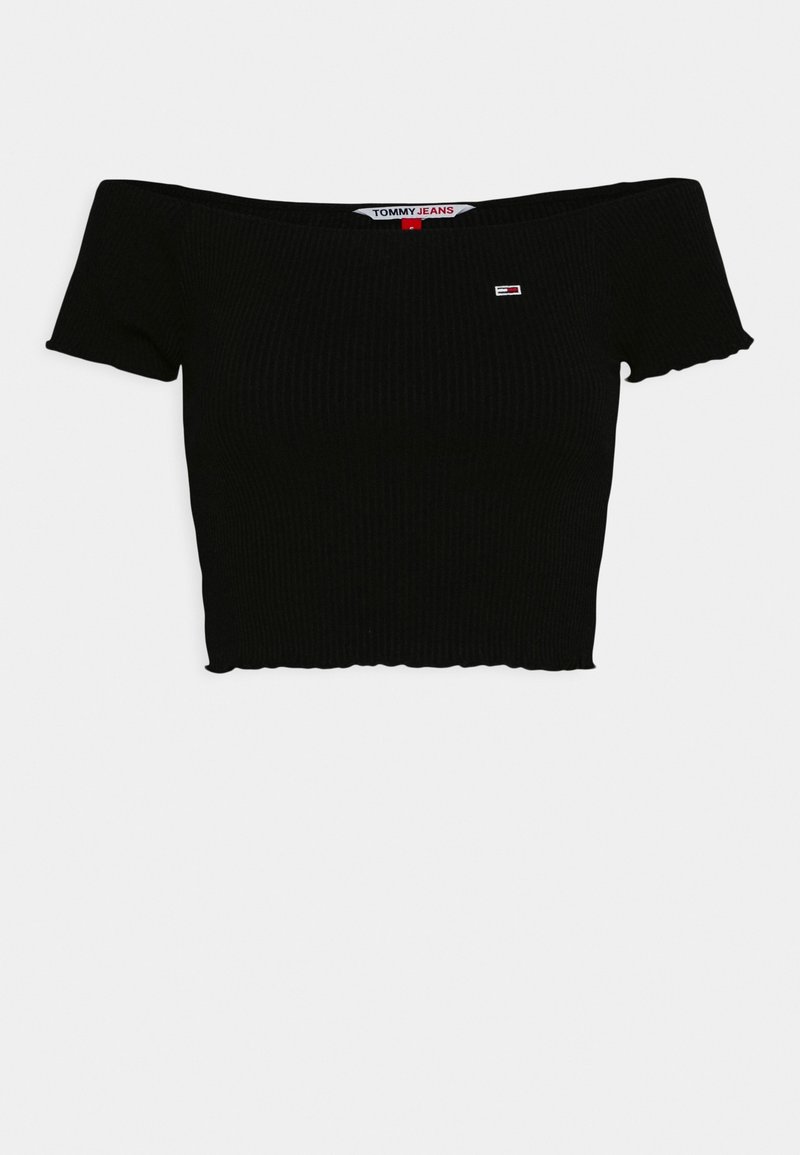 Svart ribbad off-shoulder kort topp med korta ärmar och liten Tommy Jeans-logga i mitten fram.