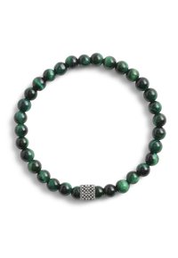 Pulsera de cuentas verdes que presenta piedras de malaquita brillantes, alternando con cuentas negras y una pieza de acento de plata texturizada en el centro.