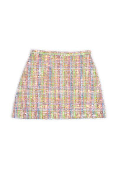 Mini gonna in tweed multicolore pastello con silhouette dritta e un sottile motivo di tessitura testurizzata.