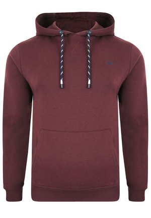 Bordeauxroter Hoodie mit einer Fronttasche, verstellbaren Zugbändern in Marineblau und Weiß sowie einem kleinen gestickten Logo auf der Brust.