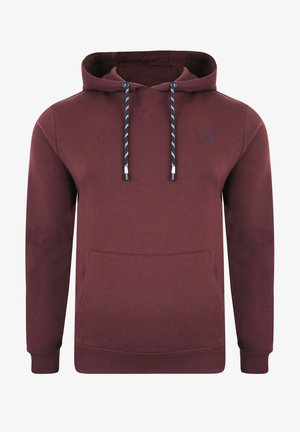 Bordeaux hoodie met een voorzak, verstelbare trekkoorden met marineblauw en witte patronen, en een klein geborduurd logo op de borst.