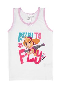 White tank top with pink trim featuring a graphic of a flying dog character, with the text "READY TO FLY" in turquoise and pink letters.