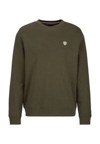 Olijfgroene sweatshirt van katoen. Ronde hals, lange mouwen, ribgebreide boorden en een klein logo-opdruk op de borst. Zachte textuur.