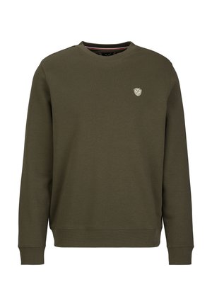 Olivengrüner Sweatshirt aus Baumwolle. Rundhalsausschnitt, lange Ärmel, gerippte Bündchen und ein kleines Logo-Patch auf der Brust. Glatte Textur.