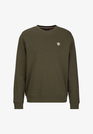 Olivengrüner Sweatshirt aus Baumwolle. Rundhalsausschnitt, lange Ärmel, gerippte Bündchen und ein kleines Logo-Patch auf der Brust. Glatte Textur.