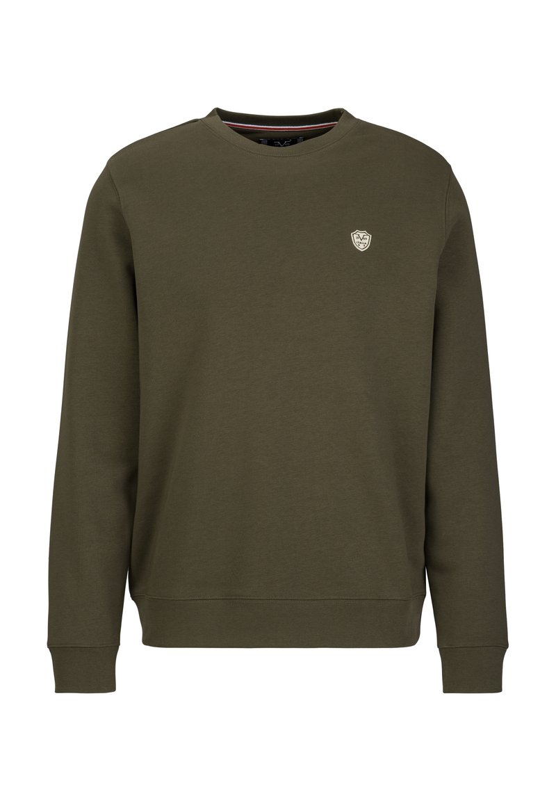 Olijfgroene sweatshirt van katoen. Ronde hals, lange mouwen, ribgebreide boorden en een klein logo-opdruk op de borst. Zachte textuur.