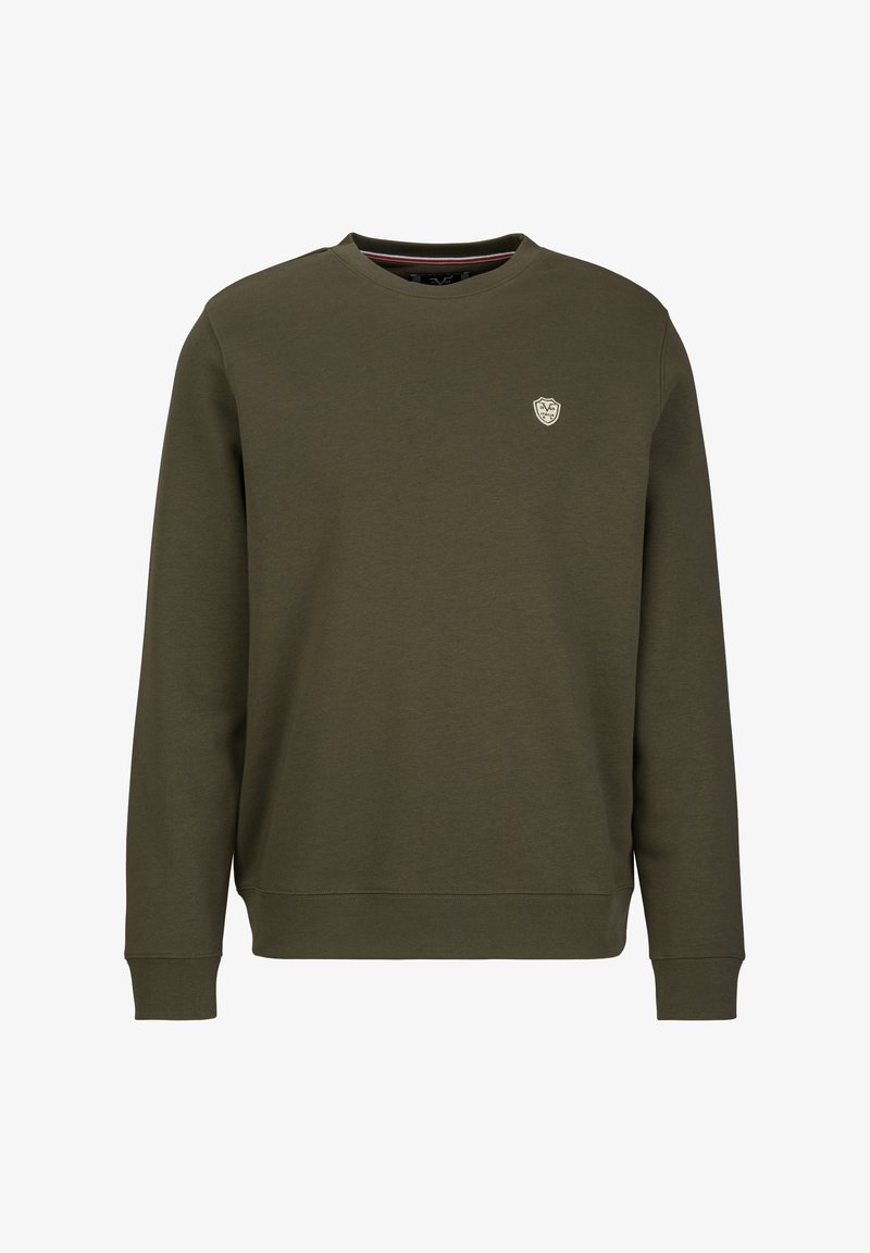 Olijfgroene sweatshirt van katoen. Ronde hals, lange mouwen, ribgebreide boorden en een klein logo-opdruk op de borst. Zachte textuur.