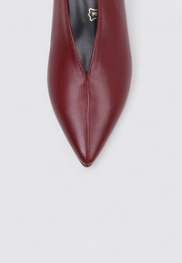 Chaussure bordeaux en cuir à bout pointu avec une texture lisse, présentant une couture centrale et une silhouette élancée. Doublure intérieure noire.