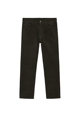 Pantalons en velours côtelé noirs à jambes droites avec poches avant et fermeture à bouton, posés à plat sur un fond blanc.