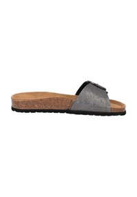 Sandalo slip-on con parte superiore in metallo argento e nero, soletta in sughero e suola texture. Presenta una fascia larga con un accento decorativo.