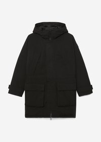 Schwarze winterliche Parka mit Kapuze, Frontreißverschluss, Klappentaschen und verstellbaren Bündchen, entworfen für den Schutz gegen kaltes Wetter.