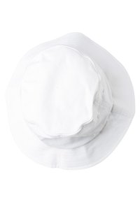 White bucket hat made of soft fabric, featuring a wide, downward-sloping brim and a rounded top with no visible patterns or accents.