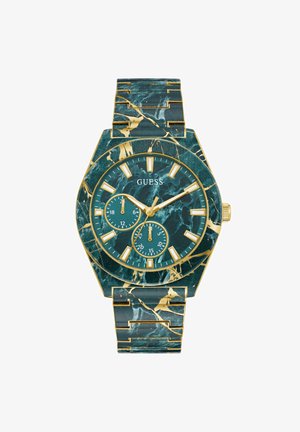 Relógio verde marmorizado com detalhes em dourado, caixa octagonal, dois submostradores e bracelete texturizado com um padrão de veios dourados.