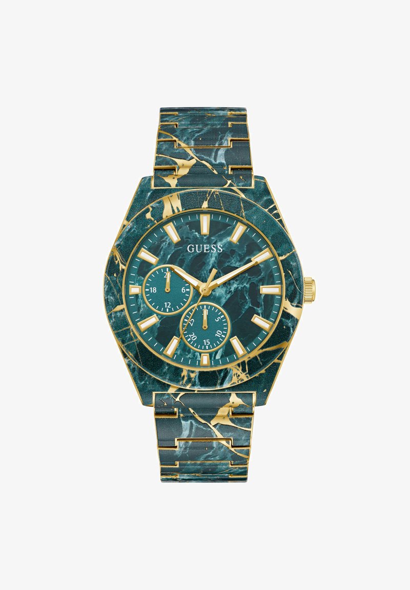 Green marbled watch with gold accents, octagonal case, two sub-dials, and textured strap featuring a gold veining pattern.