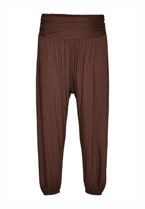 Volné hnědé háremové kalhoty s širokým, řaseným pasem a elastickými manžetami, vyrobené z měkké, lehké látky pro pohodlné nošení.
