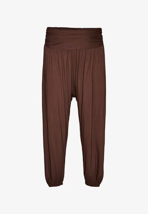 Lakad pruunid haremi püksid laia kortsulise vöökohaga ja elastsete sääreotstega, tehtud pehmest ja kergest kangast mugavaks kandmiseks.