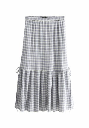 Jupe midi à carreaux bleu clair et blanc avec taille élastique et ourlet à volants froncé avec cordons latéraux.