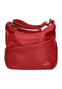Borsa a tracolla in pelle rossa con finitura testurizzata, dotata di una sola tracolla regolabile, tasche laterali e un sottile logo decorativo.