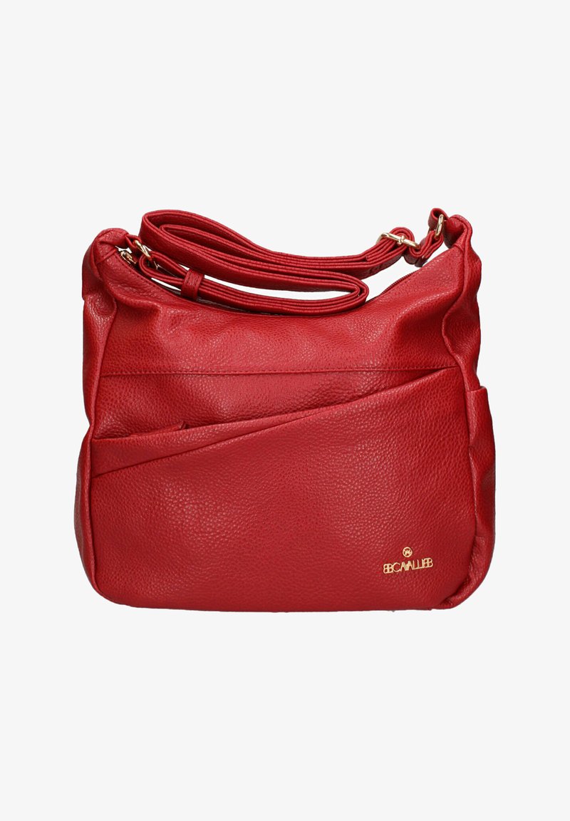 Borsa a tracolla in pelle rossa con finitura testurizzata, dotata di una sola tracolla regolabile, tasche laterali e un sottile logo decorativo.