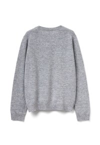 Maglione grigio lavorato a maglia con scollatura a girocollo e maniche raglan. Caratterizzato da una texture morbida e polsini e orlo a coste. Design pulito sul retro.