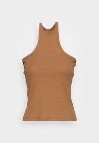 Top em tom de castanho, com decote halter, ajustado ao corpo e bordas sem costura, apresentando uma textura suave e um decote arredondado.