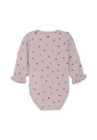 Body rose à manches longues avec broderie florale, poignets à volants et encolure ronde, fabriqué en tissu doux et texturé.