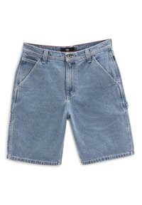 Shorts in denim blu chiaro con vestibilità rilassata. Presentano due tasche frontali e una tasca laterale. Finiti con un bottone e passanti per cintura.