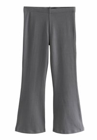 Szare, rozszerzane spodnie z miękkiego materiału, z elastycznym pasem, gładką strukturą i prostym wzornictwem bez widocznych wzorów czy elementów metalowych.