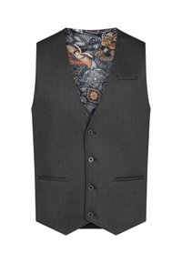 Gilet ajusté gris foncé avec quatre boutons, poches fendues et doublure intérieure visible à motif fleuri et cachemire coloré.