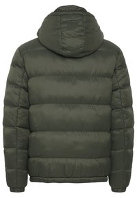 Olive green puffer jacket with a hood, featuring quilted sections, elastic cuffs, and a smooth, shiny fabric texture.