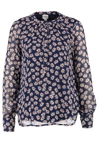 Marinblus med långa ärmar och blommönster med vita och rosa prästkragar. Lätt, genomskinlig tyg med rund halsringning och knäppning fram.