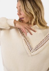 Maglione avorio lavorato a maglia con una texture a coste, caratterizzato da un bordo in pizzo lungo il collo a V e bordi sfilacciati. Materiale morbido e caldo.