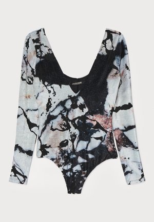 Long-sleeved bodysuit in a marble print, featuring a deep scoop neckline, textured fabric, and vibrant black, gray, and blush colors.