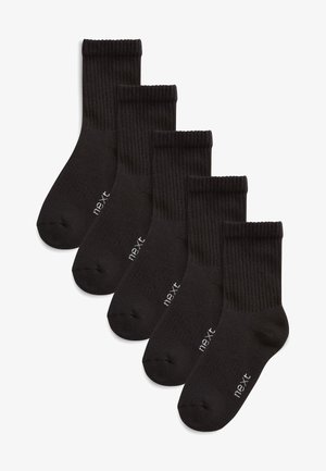 Mustad mustekas sokkid, soonikkoeline, pahklikuul pikkus, viis paari pakis. Omab valget logo trükituna varba lähedal; pehme tekstuur.