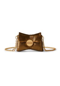Small metallic bronze leather clutch bag with a gold circular clasp and matching gold chain strap on white background.