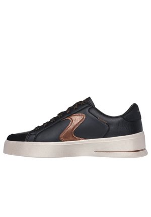 Black leather sneaker featuring a bronze accent, textured upper, round toe, and flat cream-colored sole with a subtle stripe detail.