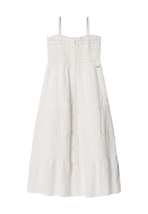 Abito midi bianco senza maniche con spalline sottili, chiusura frontale con bottoni, corpetto arricciato e orlo a balze a più livelli.