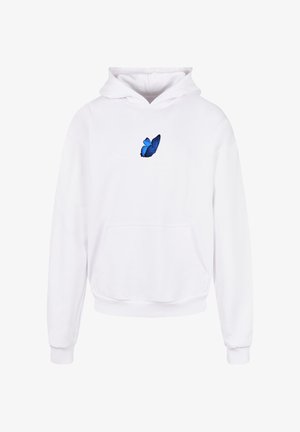 Fehér kapucnis pulóver, puha anyagból, kék lepke grafikával a mellkason. Elöl zsebe van és bordás mandzsettái vannak.