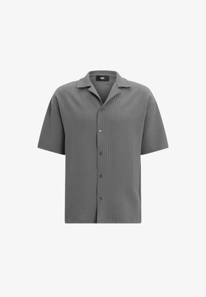 Short-sleeve, button-up shirt in textured gray fabric. Features a notched collar and horizontal ribbed pattern with five buttons down the front.