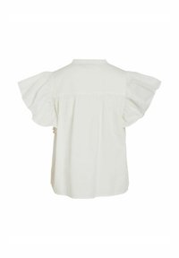 Blusa bianca con maniche corte a volant, scollo rotondo e vestibilità fluida. Realizzata in tessuto leggero. La vista posteriore mostra dettagli delle cuciture.