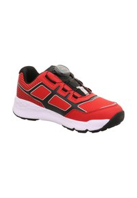 Roter und schwarzer Sportschuh mit Synthetik-Obermaterial, Mesh-Akzenten, weißer Sohle und einem rotierenden Verschlussmechanismus für die Schnürsenkel.