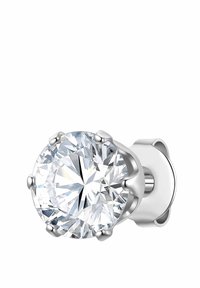 Cercei rotunzi cu un gemstone clar, fasetat, prins de șase pronguri din argint; tijă și spate din argint neted.