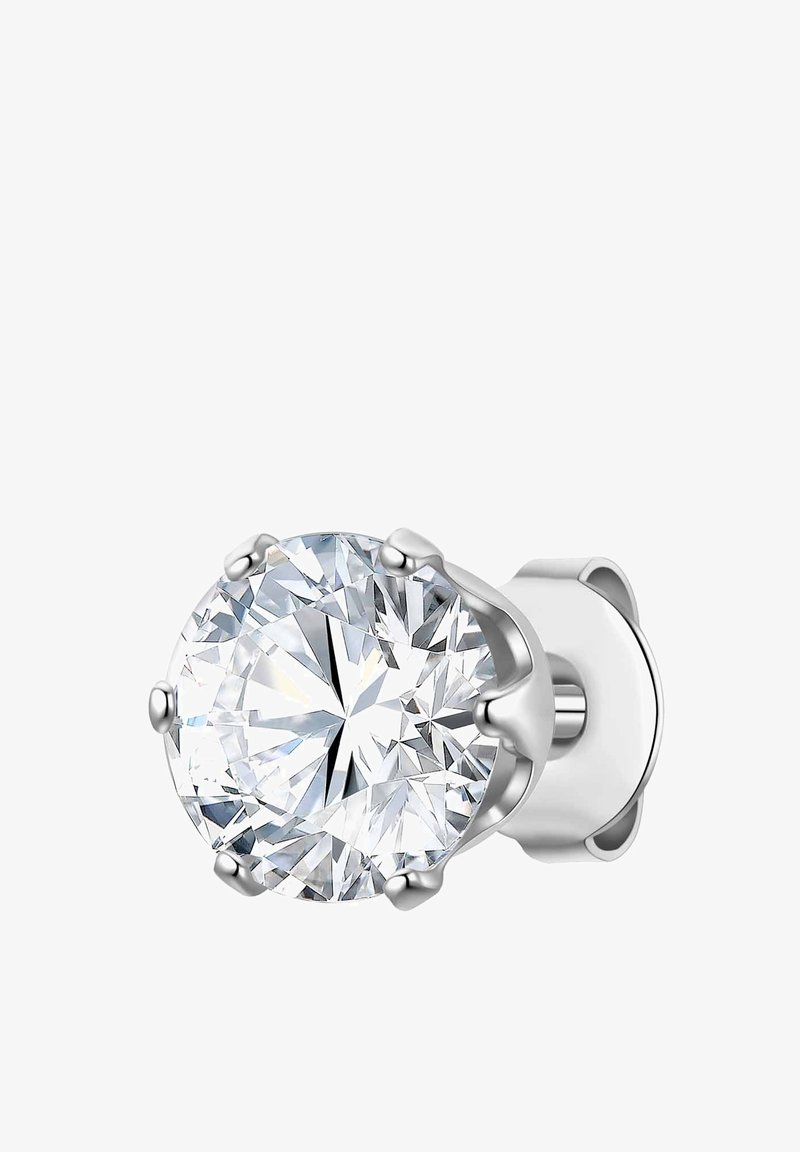 Cercei rotunzi cu un gemstone clar, fasetat, prins de șase pronguri din argint; tijă și spate din argint neted.