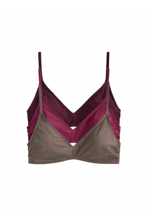 Drei geschichtete Bralette-Oberteile in den Farbtönen Taupe, Pink und Burgund mit dünnen verstellbaren Schulterriemen, dargestellt vor weißem Hintergrund.