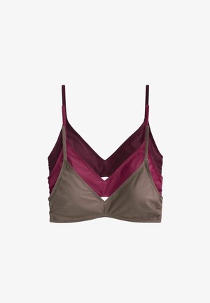 Tri vrstvové bralette topy v odtieňoch taupe, ružovej a bordovej s tenkými nastaviteľnými ramienkami, zobrazené na bielom pozadí.