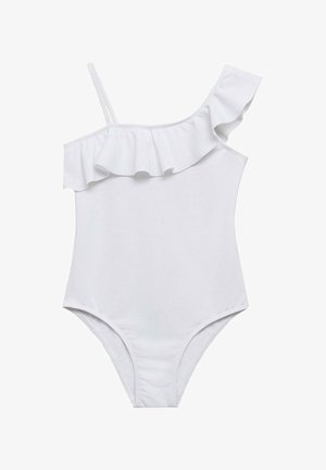 Ein weißer Badeanzug mit einem Schulterträger und einem gerafften Ausschnitt. Glattes, strukturiertes Material mit engem Schnitt und hohen Beinausschnitten.